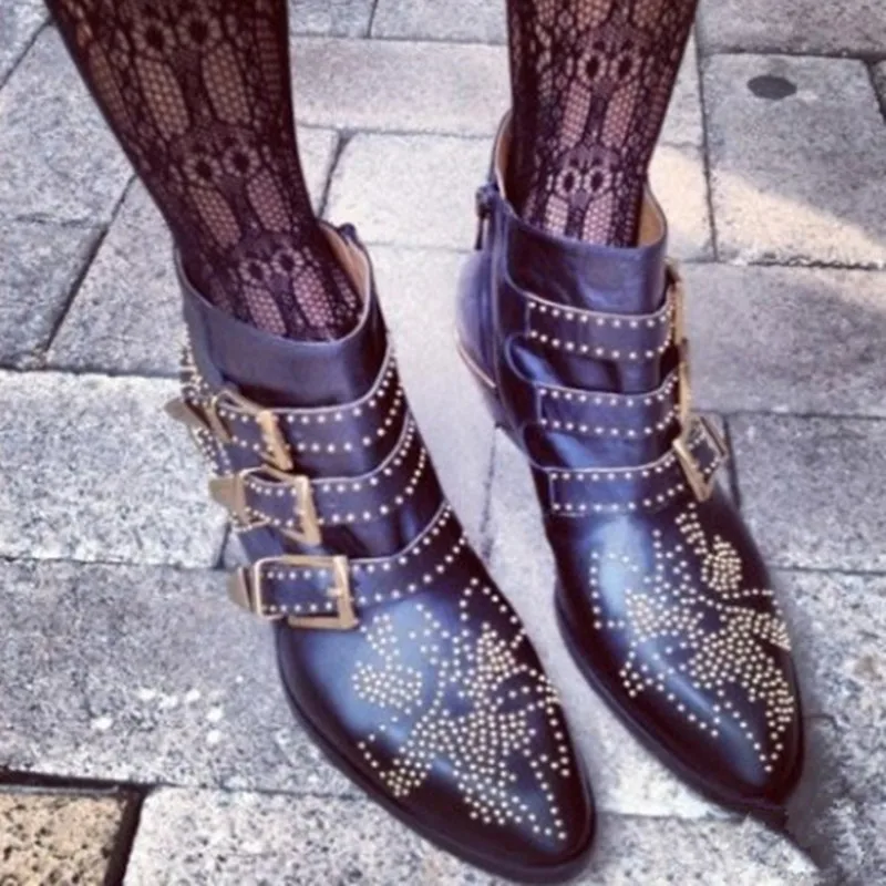 

Hot Sale Soft Leather Studded Susanna Ankle Boots 7 Colors Pointed Toe Chunky Heels Botas Mujer Fall Winter Boots Shoes Woman