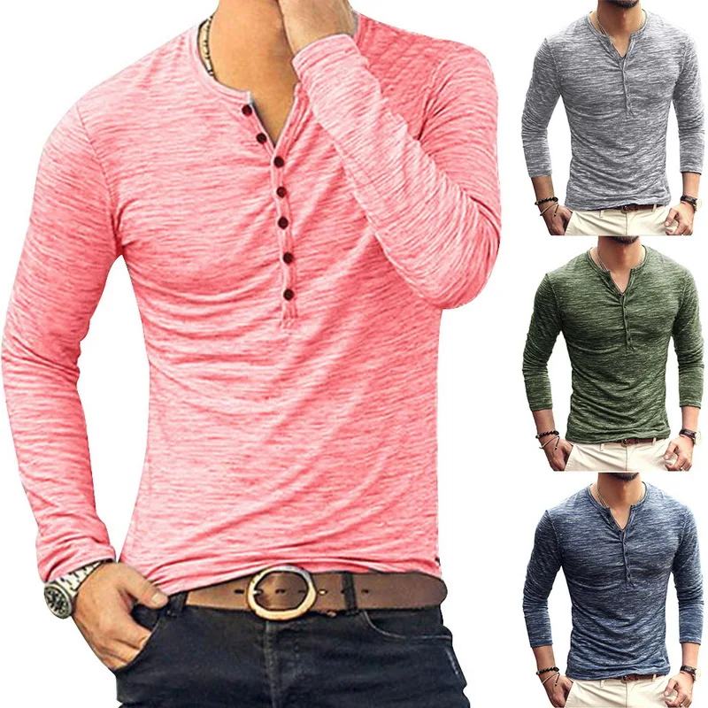 

HEFLASHOR 2019 New Henley T-shirts Men Solid Long Sleeve Fashion Design Slim Button Casual Outwear Popular T Shirt For Male