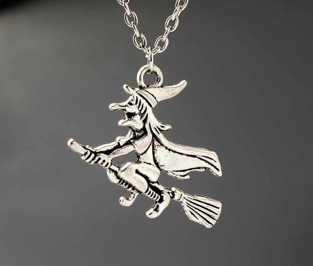 Witch Sorceress Broom Necklaces Vintage Alloy Jewelry Antique Silver Pendant Necklace Charms
