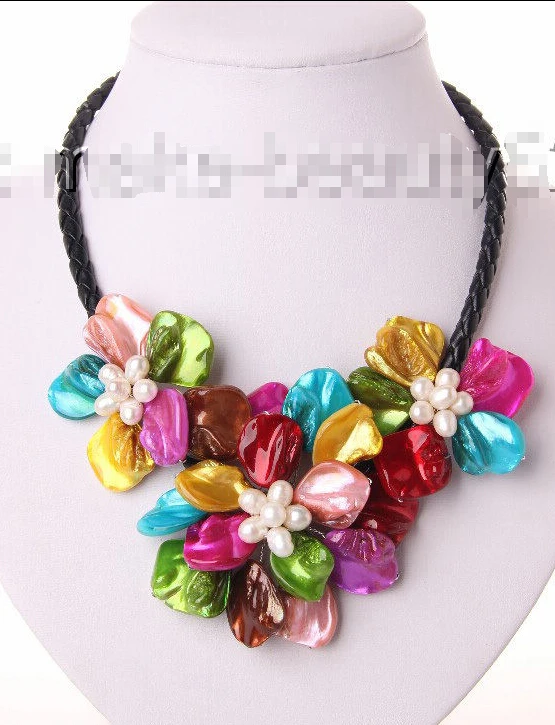 

classic white baroque pearl multicolor shell flower leather necklace s2163@^Noble style Natural Fine jewe FREE SHIPPING