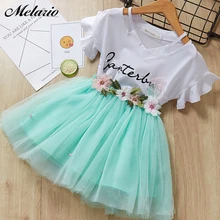 Модные комплекты детской одежды летняя одежда для маленьких девочек Футболка с цветочным принтом+ юбка, костюм детская одежда из 2 предметов костюм для девочек с буквенным принтом