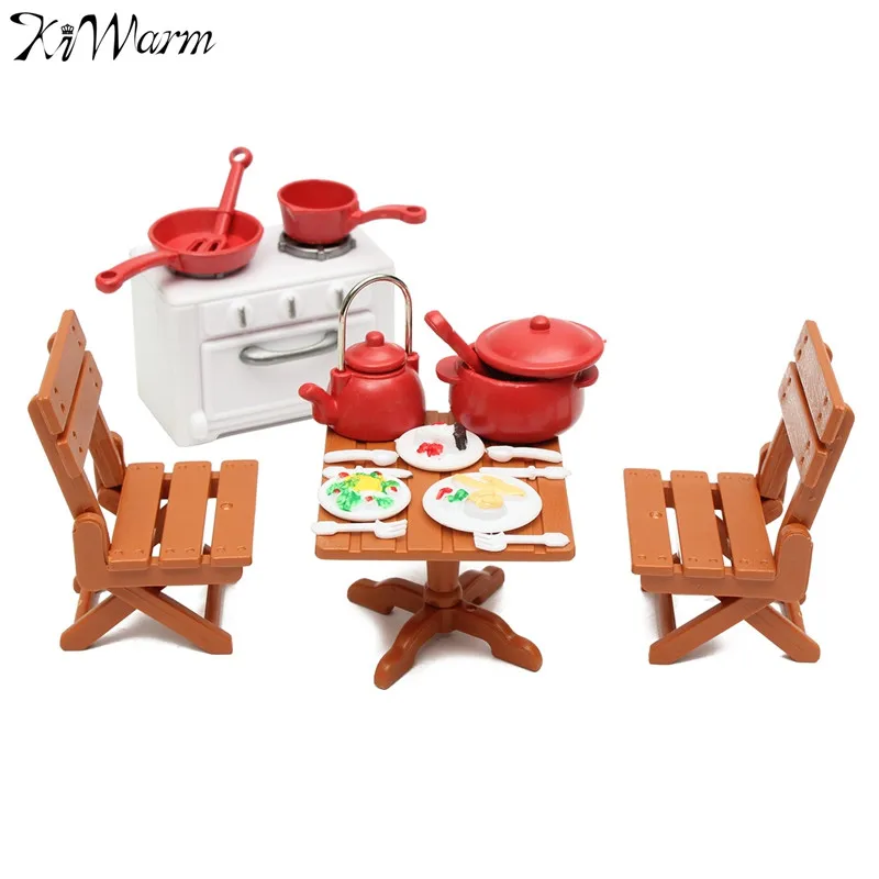 

KiWarm 1 Set Miniatures Kitchen Dining Furnitures Table Chairs With Cooking Tools Dolls Ornaments for Home Decor Kids Toy Gift