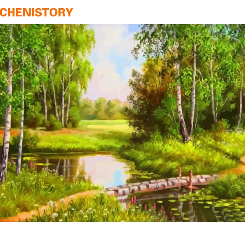 

CHENISTORY Frameless lake forest DIY Painting By Numbers Landscape Wall Art Picture Hand Painted Oil Painting For Home Decors