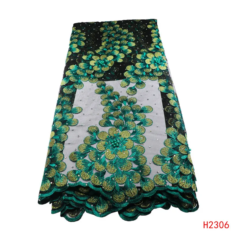 

2019 African Lace Fabric, High Quality Green Beads Nigerian Wedding Lace Fabrics 5Yards Stones French Tulle lace HJ2306-1