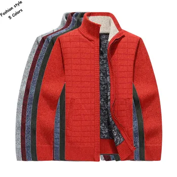 

Fashion 2018 Autumn new mens stand-collar long sleeve thick sweaters casual plaid mens knitted wool outerwear mens zipper coats