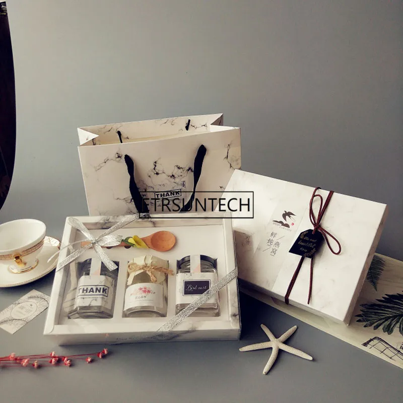 

Marble Design Paper Gift Box For 3*100ML Glass Bottles Jam/Honey/Sauce/Pudding Packaging Box Gift Boxes