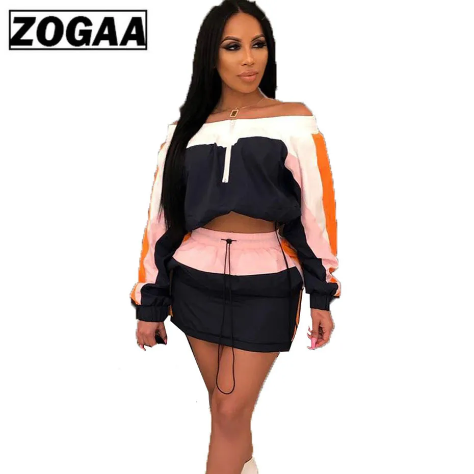 

2 Piece Set Women Summer Mini Dress Off Shoulder Long Sleeve Crop Top and Skirts 2pcs Matching Sets Sexy Club Outfits ZOGAA