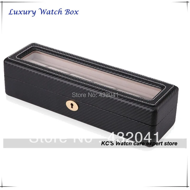 ФОТО High Quality Black Carbon Fibre Finish 6 Grid Wood Watch Case Watch Gift Show Case Box Storage Organizer Holder GC02-TP-06W
