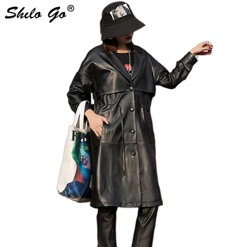 

Streetwear Leather Trench Women Suit Style Single Breasted Sheepskin Genuine Leather Long A Line Coat Office Lady Female Trench