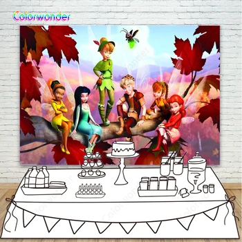 

Kids Background for Photography Fairy Tinker Bell with Her Friends 7x5ft Red Leaves Autumn Scenery Backdrop for Photo Booth P