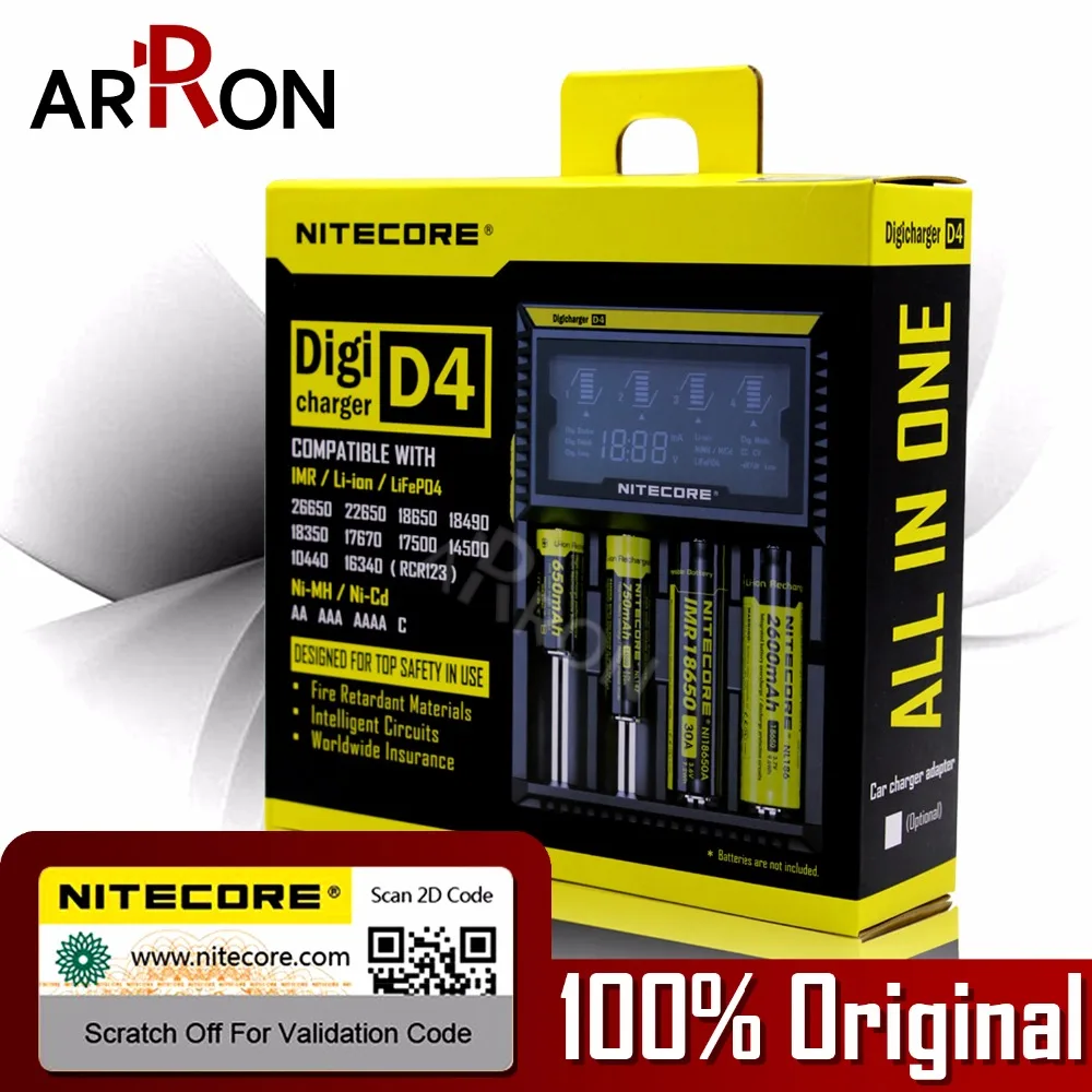 

100% Original Nitecore D4 Battery Charger LCD Intelligent Charger Li-ion 18650 14500 16340 26650 AAA AA 12V Battery Charger Car