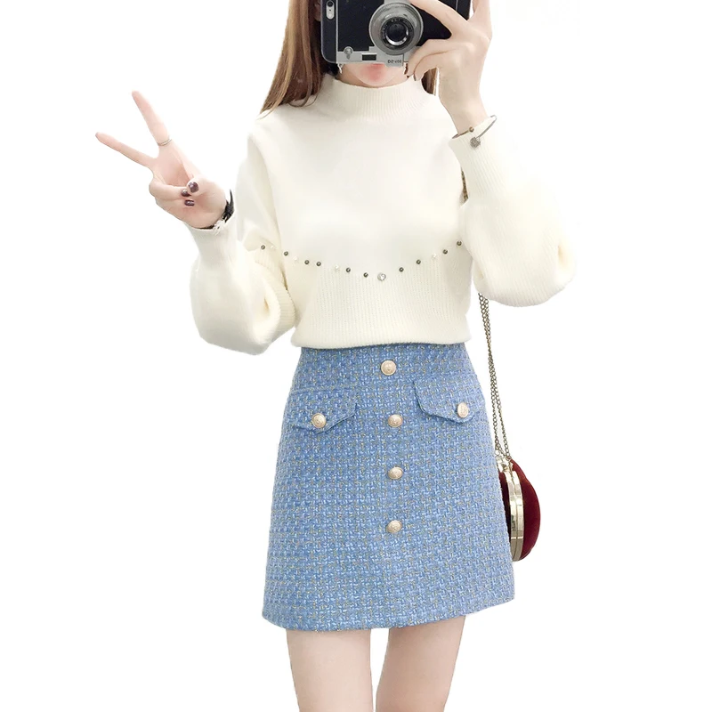 

new winter basic Korean fashion women leisure suits pullover sweater & short skirt button skirts loos sweaters two-piece outfit