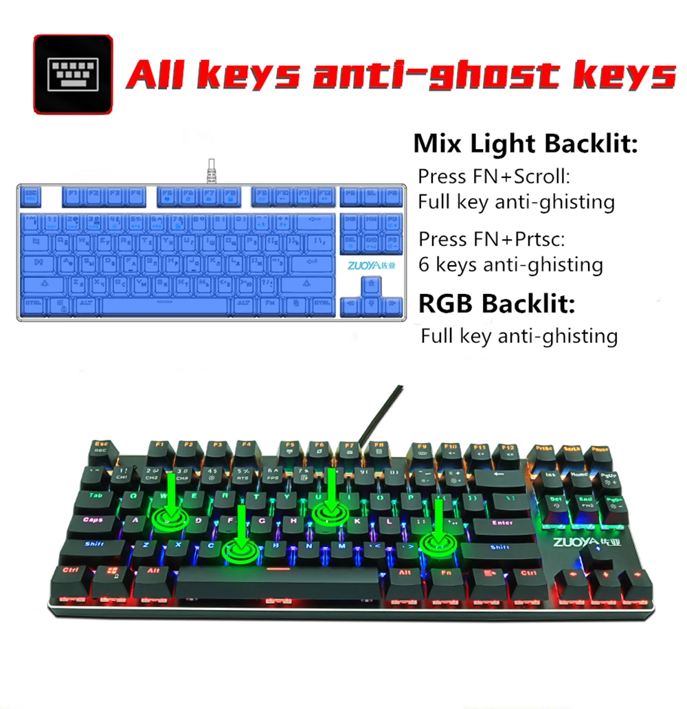Gaming Mechanical Keyboard Blue Red Switch 87key RU/US Wired Keyboard Anti-ghosting RGB/ Mix Backlit LED USB For Gamer PC Laptop