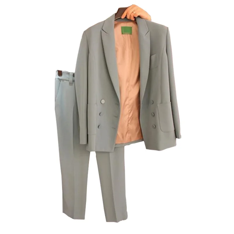 

Work fashion pants suit 2 piece set ladies double-breasted solid color suit jacket and pants office ladies suit Feminino 2018