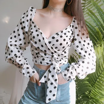 

Spring 2019 Long Sleeve V-collar Short Wave Point Printed Blouse Chiffon Shirt, Fashion White Grace Sleeves Sexy Jacket Women