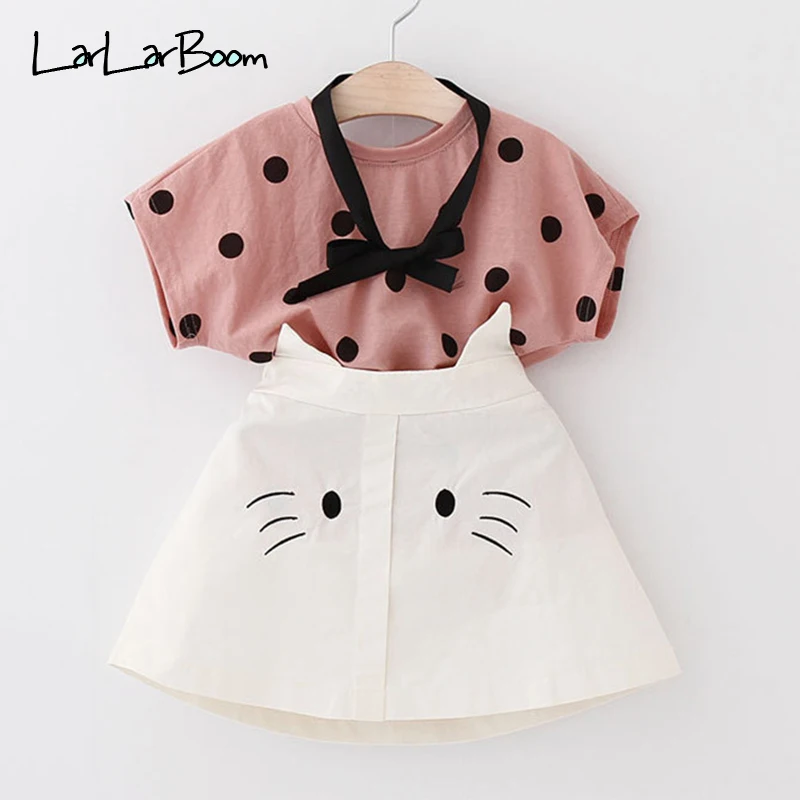 

LarLarBoom Girls Clothing Sets Necktie Polka Dot T-shirt + Cute Cat Skirt Pattern 2pcs Suit 2019 New Fashion Children's Sets