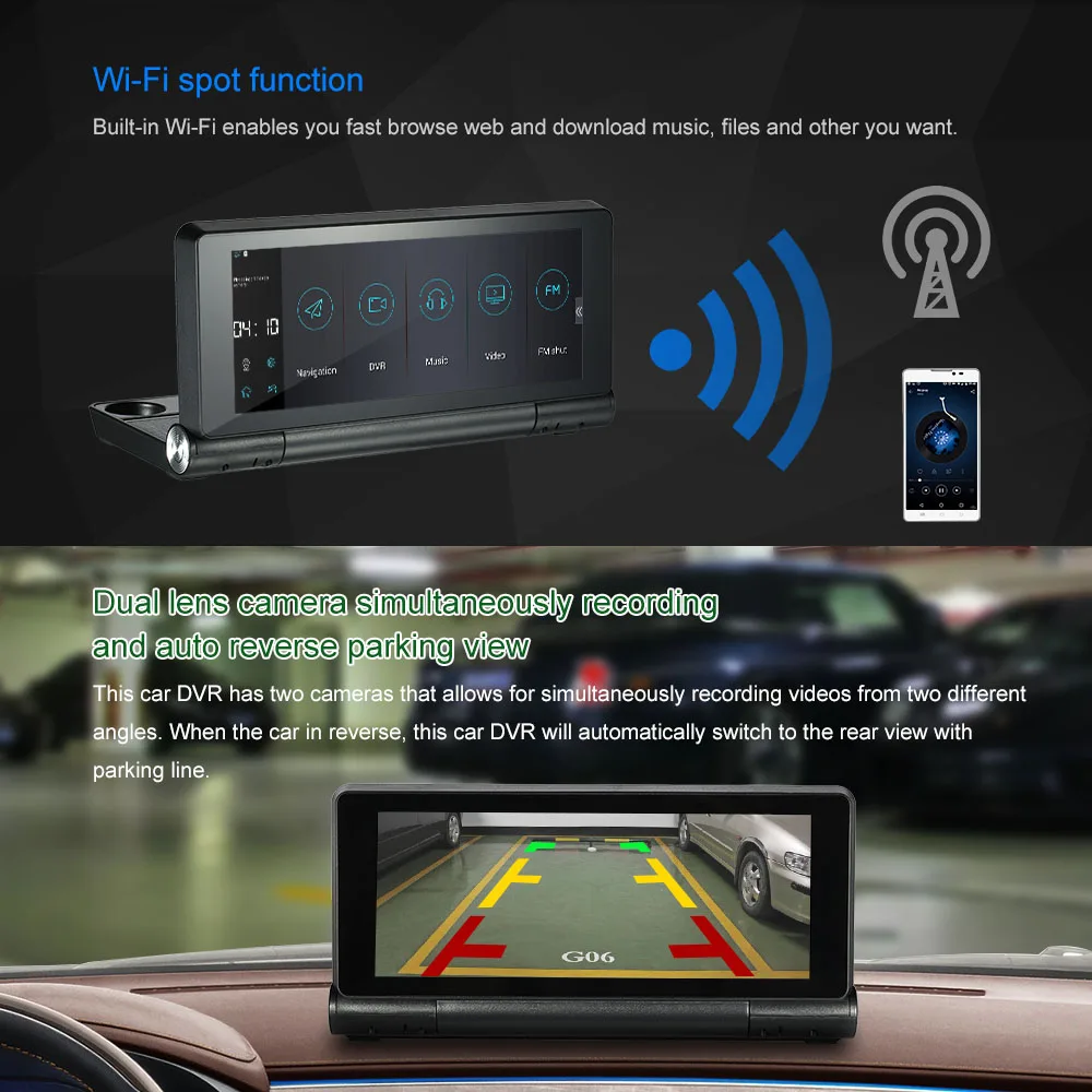 Автомобильный видеорегистратор KKmoon с Wi Fi двумя объективами 1080P система Android Smart 16