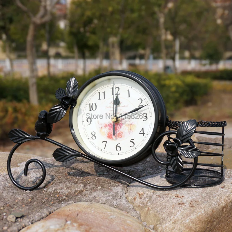 Rural Style Metal Bird clock Home Decoration Handwork Garden Table clock With Pen Pot Black White Colour Rural Style Metal Bird clock Home Decoration Handwork Garden Table clock With Pen Pot Black White Colour