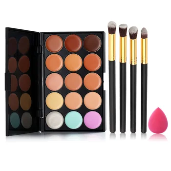 

15 Colors Face Makeup Concealer Foundation Cream Palette with 4Pcs Powder Blush Blending Brushes Soft Sponge Cosmetic Puff