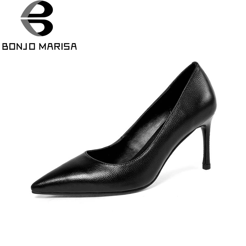 

BONJOMARISA 2019 Spring Autumn Mature Genuine Leather Women Pumps Concise Black Shallow Ol Shoes Woman High Heels Footwear
