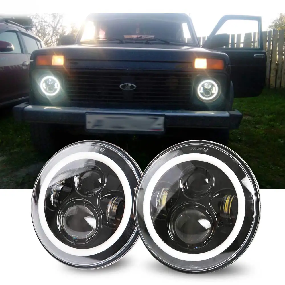 Vente 2Psc 7 Pouces LED Phare H4 Salut Lo Avec Halo Angel Eyes Pour Lada 4x4 urbain Niva jeep JK Land rover defender Hummer