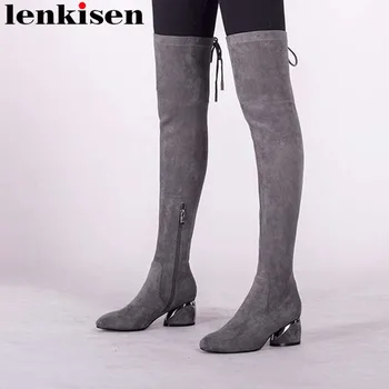 

2018 beauty girls hot sale solid round toe med heels zipper bowtie high street fashion superstars stetch thigh high shoes L52