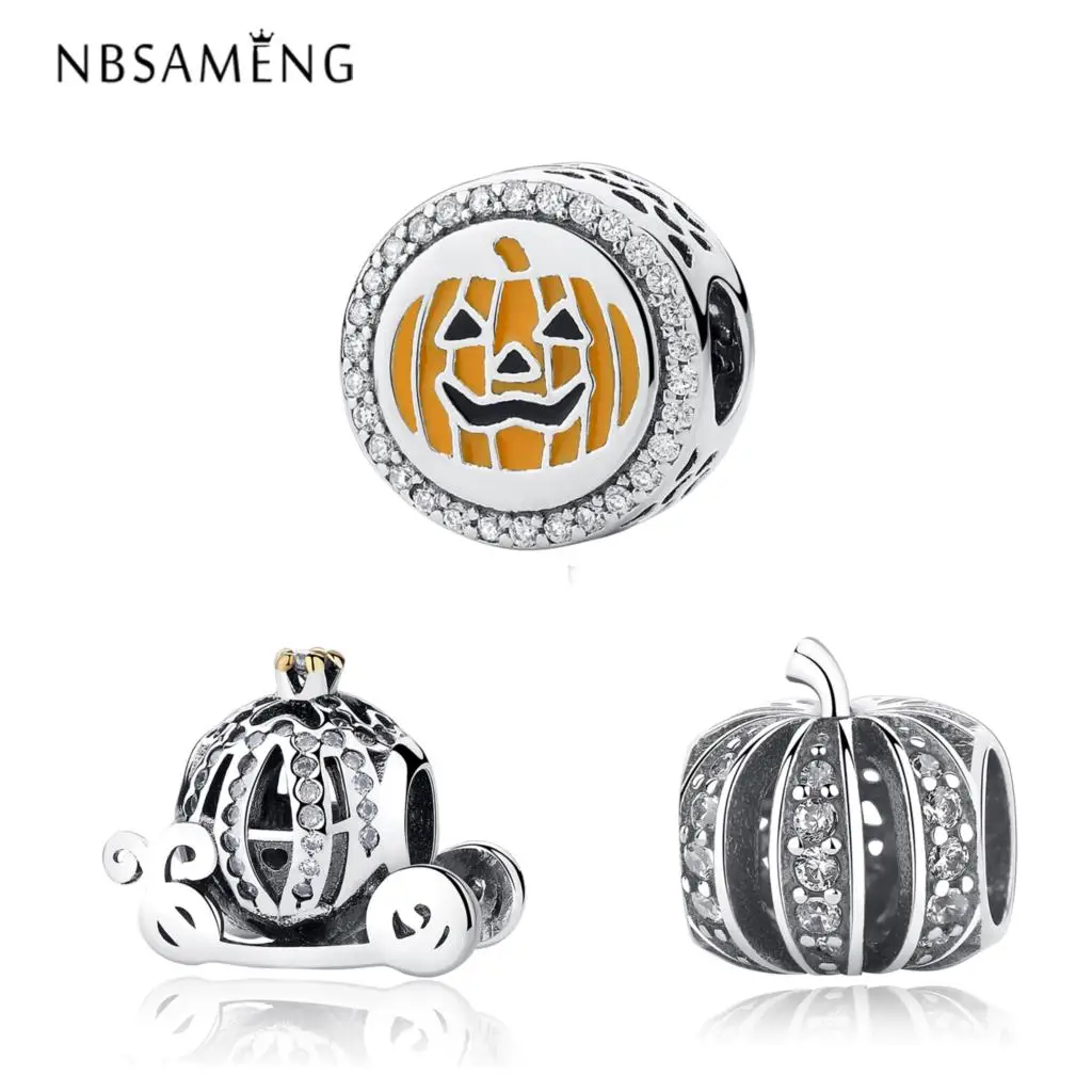 

100% 925 Sterling Silver Beads Pumpkin Charm Yellow Enamel & Clear CZ Round Bead Fit Original Pandora Bracelets DIY Charms Women