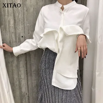

XITAO Women Irregular V Neck Blouse Women Korea Fashion New White Single Breasted Pocket Wild Joker Elegant Shirt WLD2213