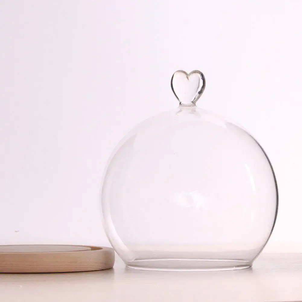 Glass Globe Display Dome Cover with Wood Base Heart Shape Handle Home Decoration