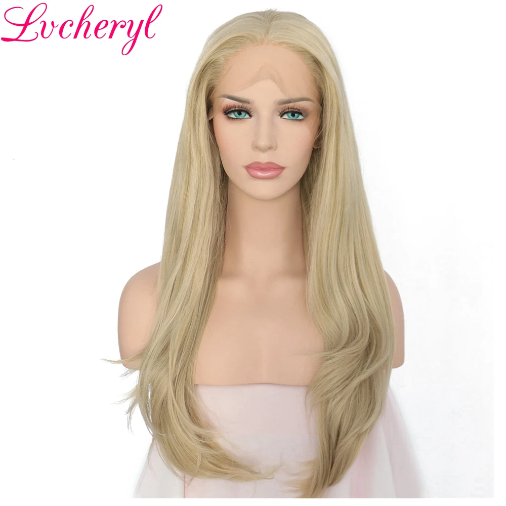 

Lvcheryl Hand Tied Long Natural Straight Light Blond Color High Temperature Fiber Hair Glueless Synthetic Lace Front Wigs