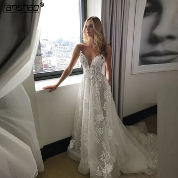 

Wedding Dress Applique Spaghetti Straps V-Neck A-Line Illusion Vestido De Noiva Dubai Arabic Boho Wedding Gown Bridal Dress