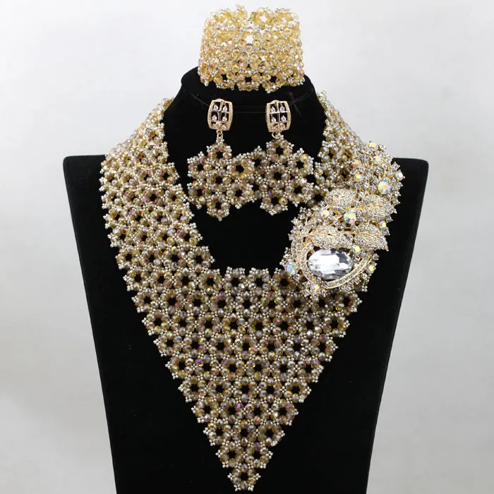Trendy Champagne Indian Bridal Beads Jewellery Set Shiny Gold