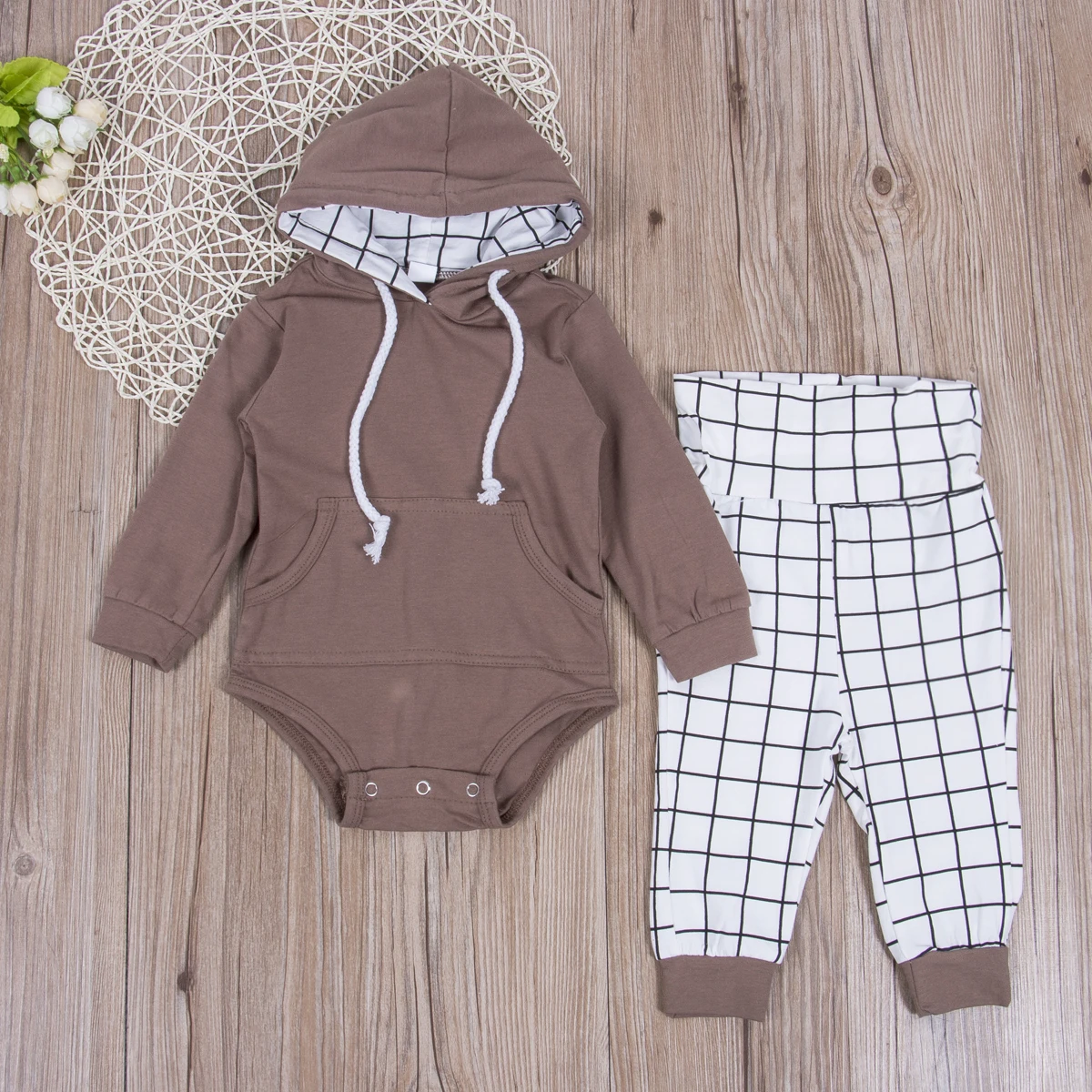 

Fashion Boy Set 0-18M Newborn Infant Baby Boy Hooded Romper Tops+Plaid Pants Leffings Outfits Clothes