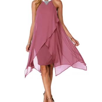 

2019 summer new women's round neck sleeveless irregular chiffon midi dress