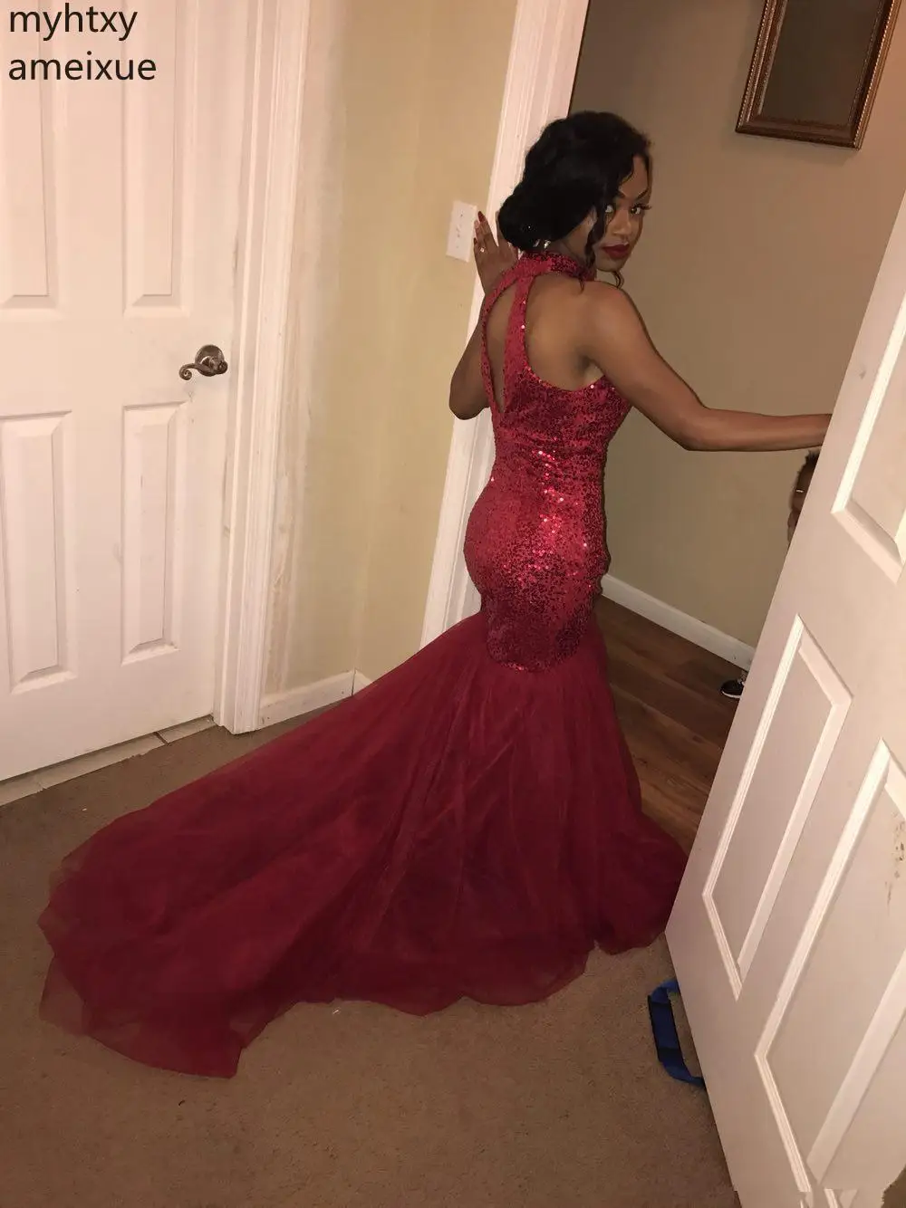 Long Sequins Tulle Mermaid Abendkleider Dress Elegant Evening Dress Gown Halter Beading Burgundy African Fishtail Latest