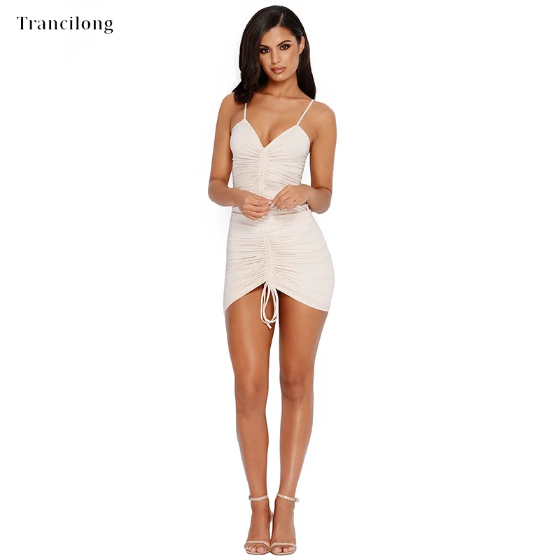 

Trancilong Sexy Summer High Elastic Lace Pleated Dress Women's Deep V-neck Nightclub Sexy Sling Clubwear Dress