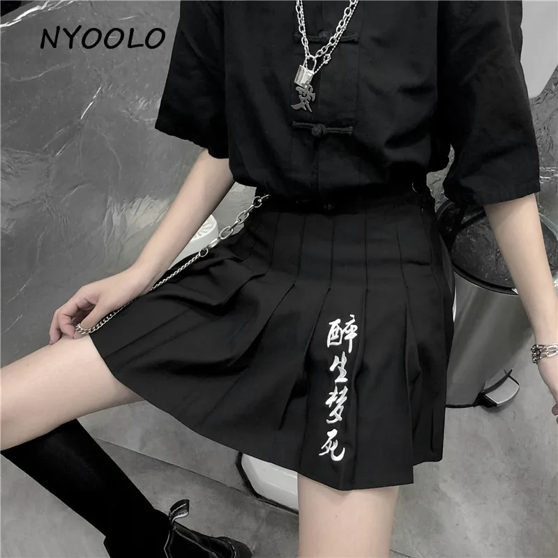 NYOOLO, новинка, стильная юбка с вышивкой в виде букв, высокая талия, летняя уличная одежда, трапециевидная мини плиссированная юбка для женщин