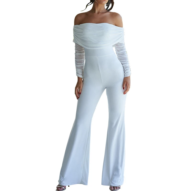 

Women Sexy Mesh Patchwork Long Sleeve Pleated Slash Neck Solid Jumpsuits Ladies Party Slim Casual Rompers Flare Jumpsuit SJ3708M