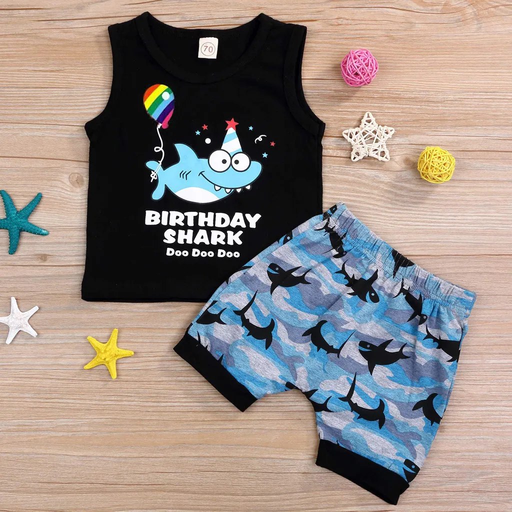 

Children's set 2019 TOP Newborn Infant Boy Girl Cartoon Shark T shirt Tops Shorts Outfits Pants Set 5.22