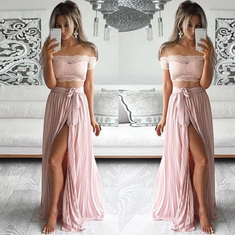 

Women's Blouse And Dress Beach Women's Suit 2019 Solid Color Lace Dress Women Lace Blouse + Dress Two-Piece Suit