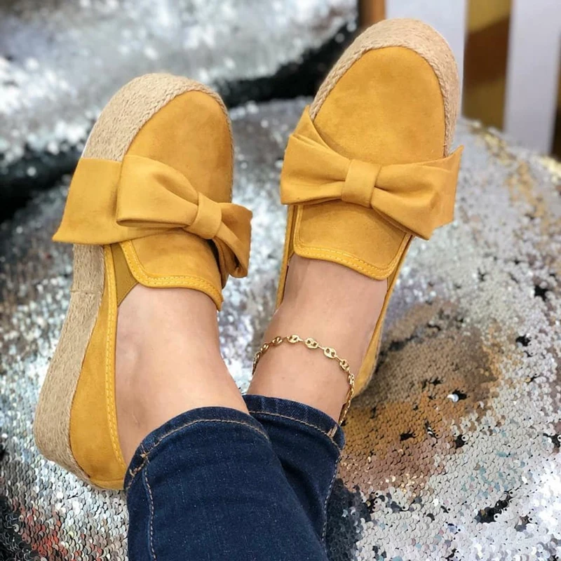 HEFLASHOR Espadrilles Women Flats Shoes Slip On Casual Ladies Shoes thick bottom Lazy Loafers Female Bow Tie Espadrilles - Color: Yellow