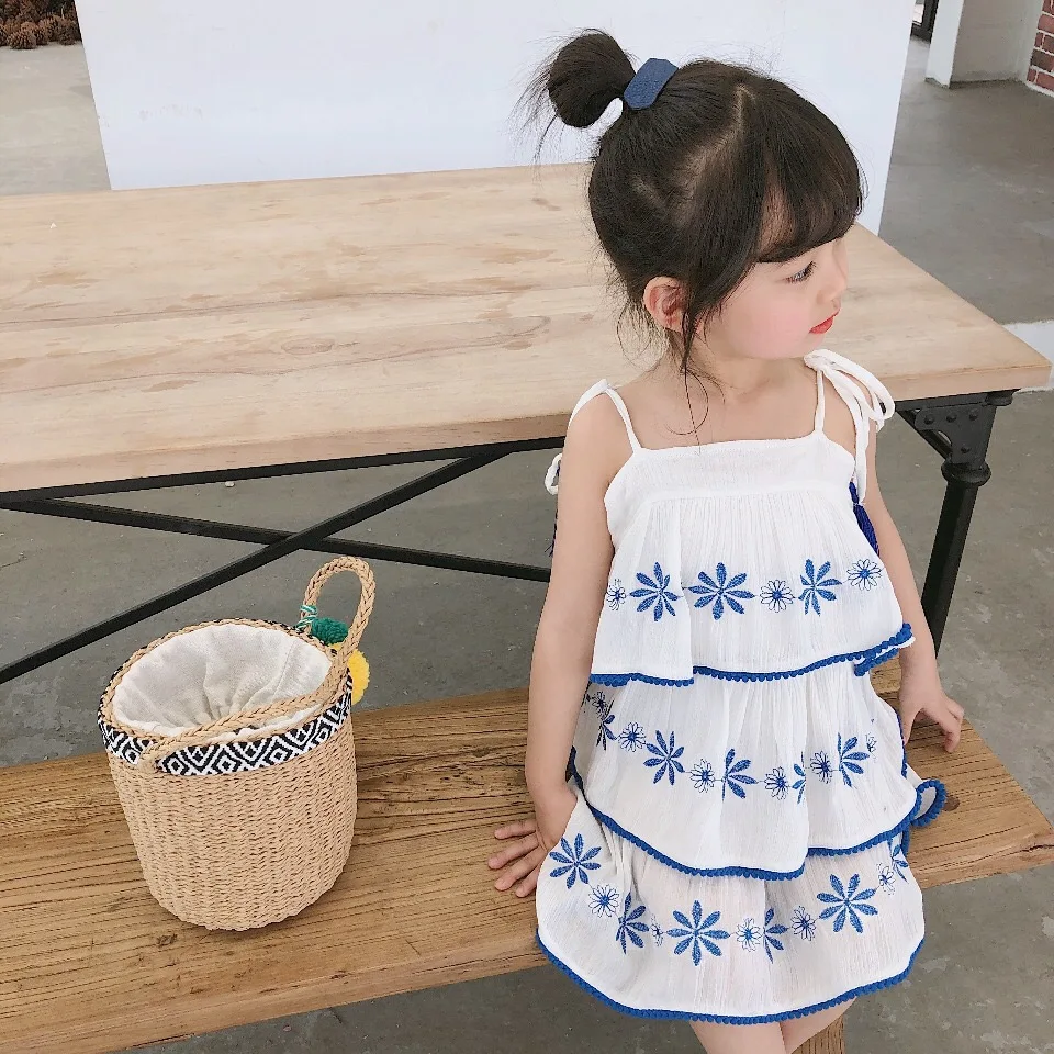 Летние платья для девочек, одежда для маленьких девочек, удобное хлопковое льняное платье с вышивкой, платье на подтяжках