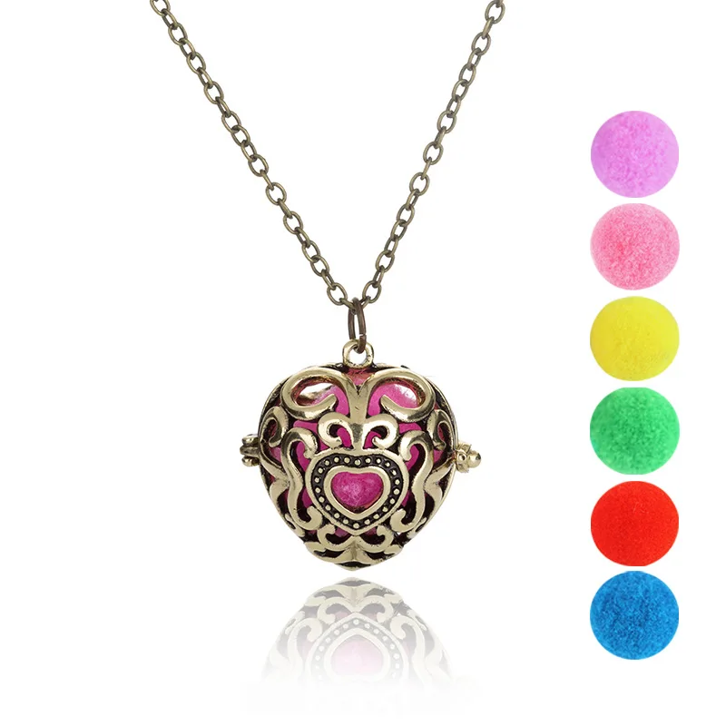 

Heart Shape Aromatherapy Perfume Essential Oils Diffuser Necklace Locket Pendant Necklace with Beads Women DIY Jewelry Cages
