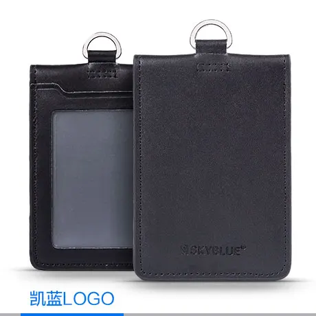 Card ID Holder Double Layer Genuine Leather Badge Case Black Two Decks Classic Style for Pilot