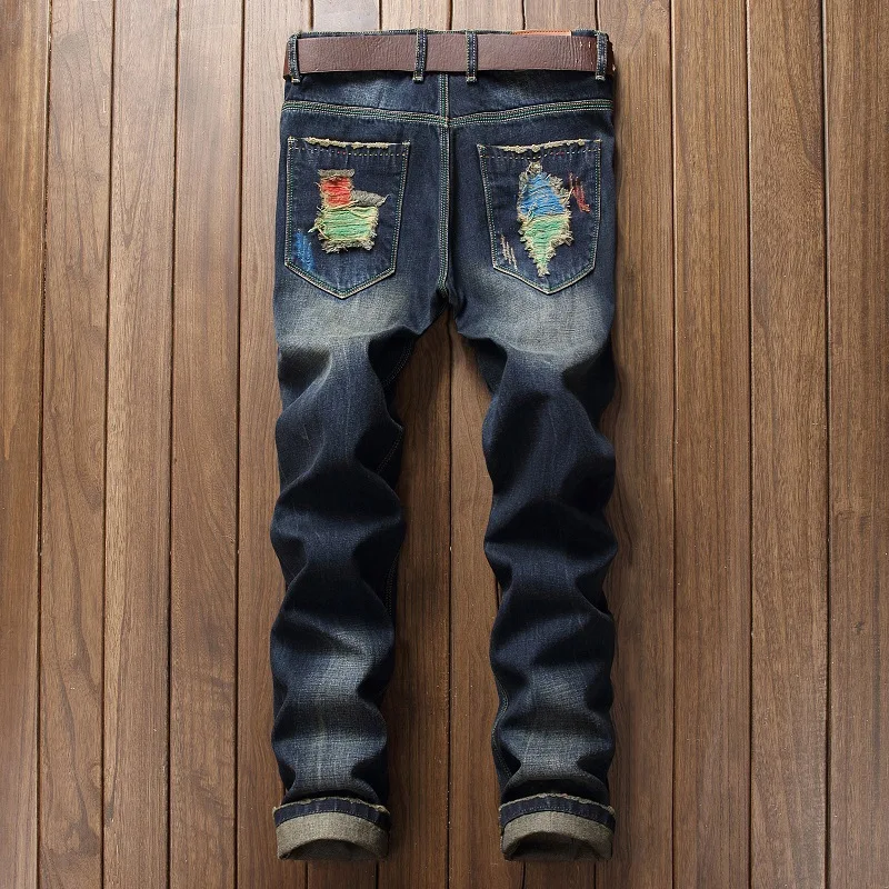 Джинсы мужские повседневные рваные хип-хоп брюки цветные прямые джинсы для мужчин потертые джинсовые брюки индивидуальная уличная одежда