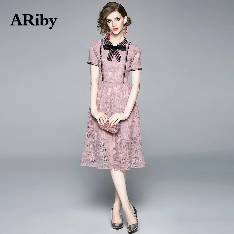 

ARiby Women Summer Slim Pink Lace Stitching Dress 2019 New Fashion Office Lady Elegant Lace Hollow Short Sleeve A-Line Dress