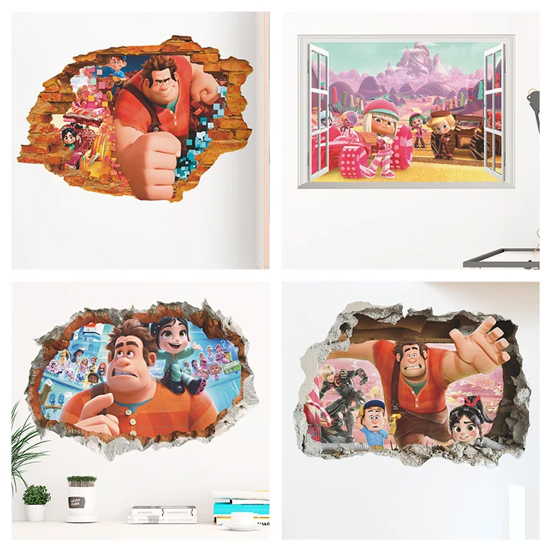

Wreck-It Ralph Wall Stickers Home Decoration Diy 3d Window Broken Hole Mural Art Pvc Movie Poster Cartoon Kids Decals