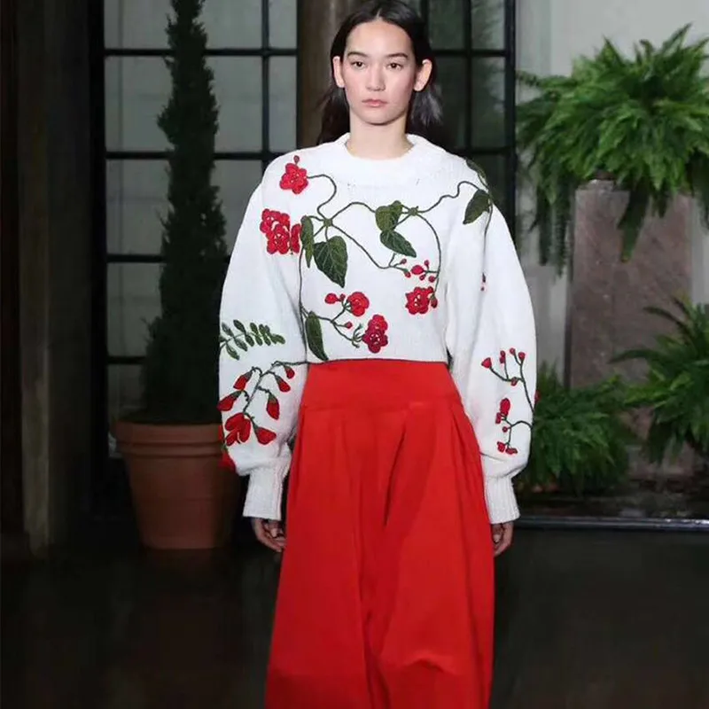 Beste Vrouwen Trui 2018 Winter Warm Runway Designer Trui Cherry Bloemen Plant Borduurwerk Gehaakte Wit Oversize Trui gebreide tops