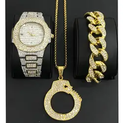 Часы с бриллиантами в стиле хип-хоп, мужские ювелирные часы, браслет, ожерелье и комбо, набор с подвеской, кубинский браслет бриллиантовый