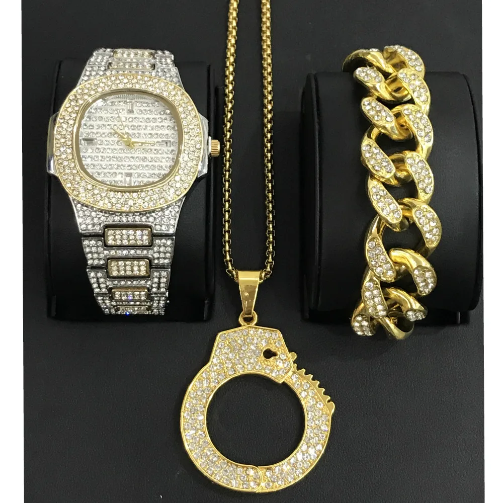 

Hip Hop Men Diamond Watch Jewelry Watch & Bracelet & Necklace &Combo Set Pendant Ice Out Cuban Bracelet Bling Rapper Men Jewelry